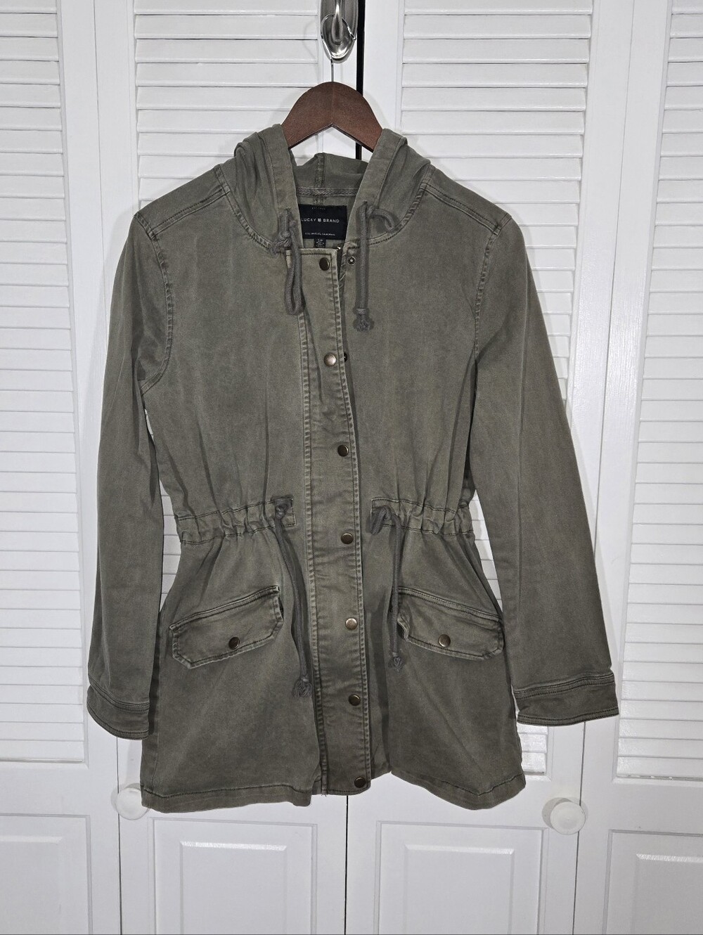 Lucky Brand Military Hooded Utility Green Zip Drawstring Cinch Waist Jacket Sz S